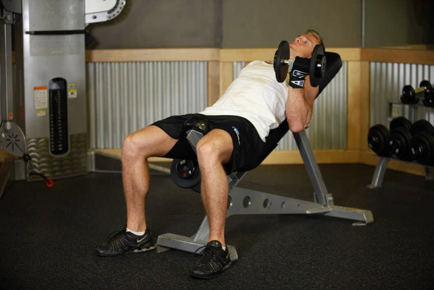 Incline dumbbell curl: end position